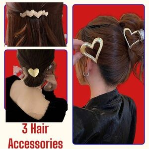 3pc Heart hair accessory set gold jewelry barrette claw clip teen prom bridal